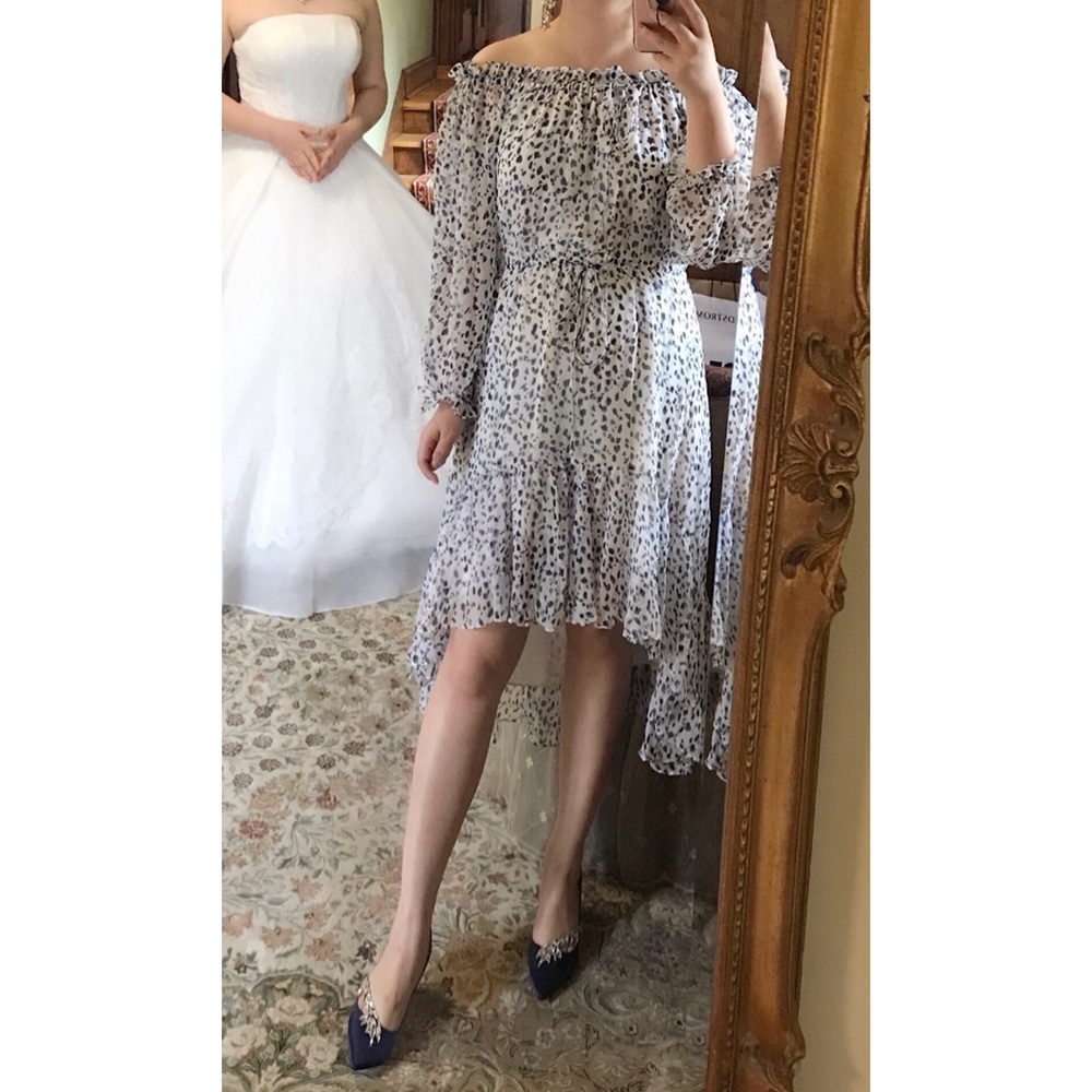 DVF genuine silk blue dot off shoulder dress